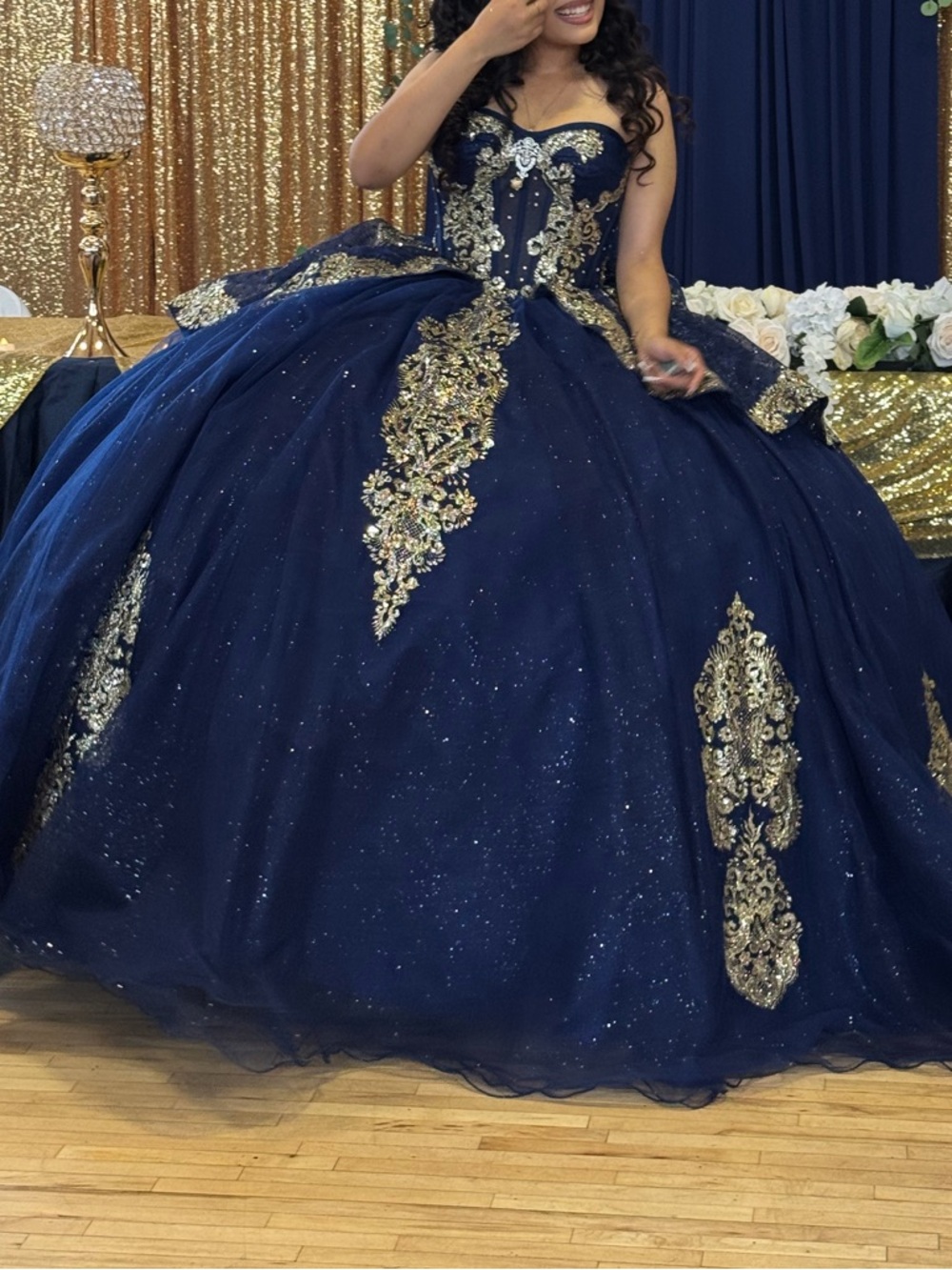 Navy Blue Ball Gown with Gold Embellishments Quinceañera/Prom dress